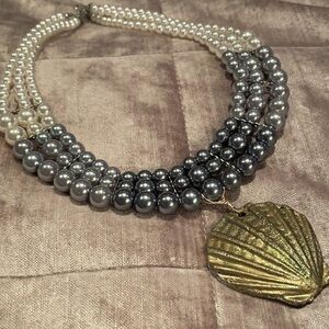 Triple Strand Faux Pearl Sea Shell Necklace